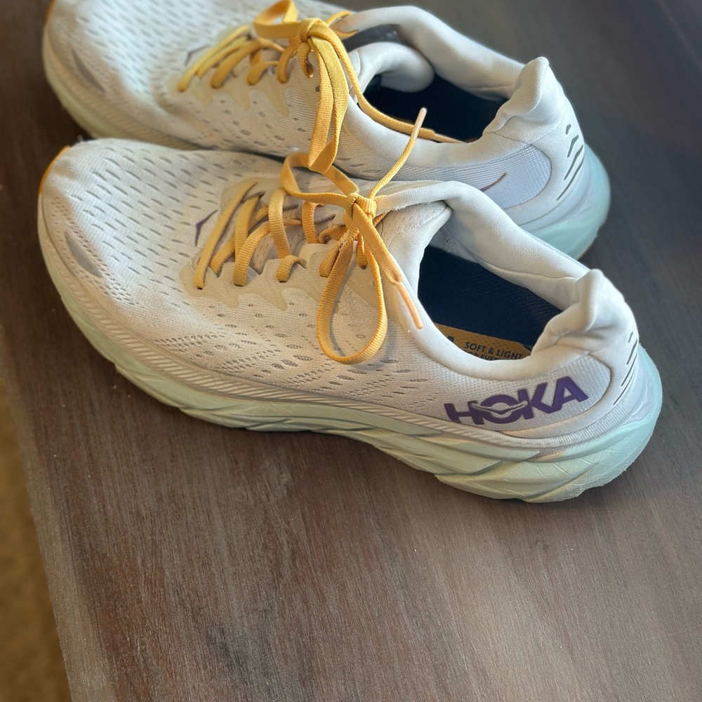HOKA Woman'sClifton 8 White and Orange, with purple accents Running Shoes- Sz 9B